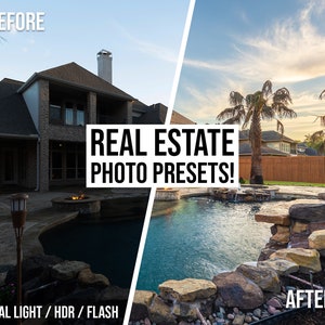 May include: Before and after photos of a house with a pool. The before photo shows the house and pool in the evening with the lights on. The after photo shows the house and pool in the daytime with the lights off. The text "REAL ESTATE PHOTO PRESETS!" is superimposed on the image. The text "NATURAL LIGHT / HDR / FLASH" is at the bottom of the image.