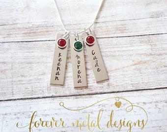 Hand Stamped Bar Necklace with swarovski birthstones
