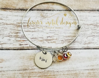 Hand Stamped Bangle Bracelet -Charm Bracelet - Mom Grandma Nana Mimi - Swarovski Birthstones - Adjustable