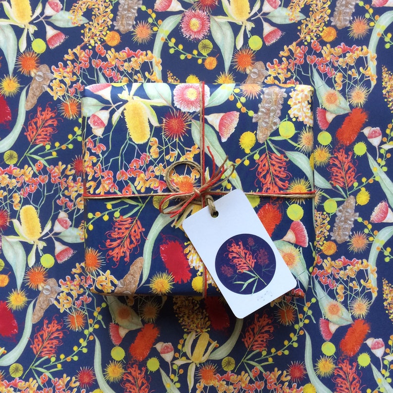 Australian Botanicals Flowers Blue Gift Wrapping Paper Etsy