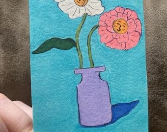 Two Flowers in Vase Mini Marker Drawing ACEO Original