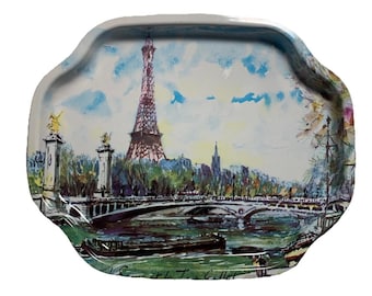 Bandeja de hojalata vintage Elite Paris con forma de Torre Eiffel para guardar objetos pequeños, fabricada en Inglaterra.