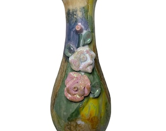 Vintage Multi Color Pastel Luster Vase With 3D Flowers And Leaves Glitter