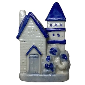 Vintage Blue and White Porcelain Church Figure Decorative Figurine With Rooster