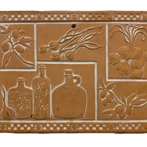 Terra Cotta Ceramic Embossed Large Wall Tile Garlic Olives Jars