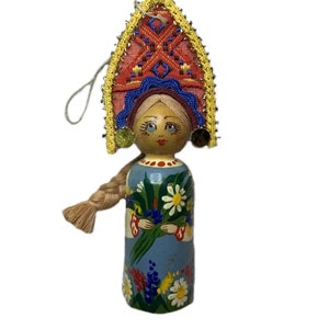 Vintage Russian Matryoshka Wood Doll Ornament Linden And Fabric Hand Painted