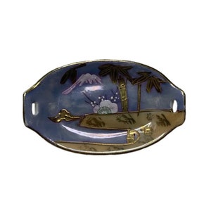 Vintage Hand Painted Blue And Gold Porcelain Lusterware Small Salt Dish Mountain