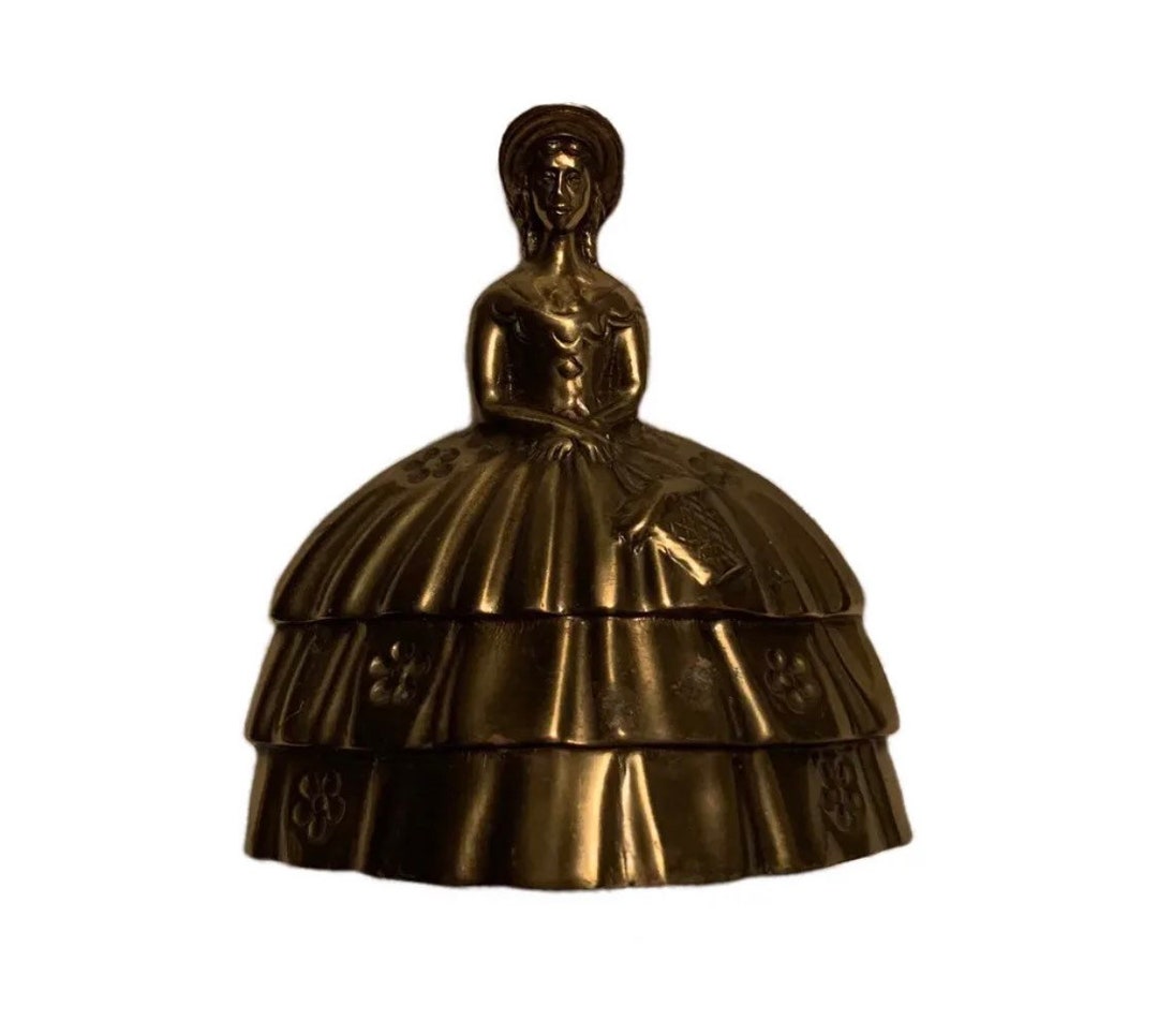 Vintage Figural Solid Brass Bell Woman in Floral Hoop Skirt Hat