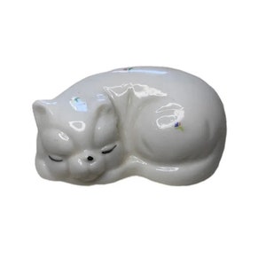 Vintage Small Bone China Sleeping Cat White With Tiny Flowers