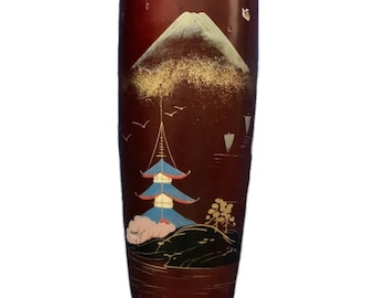 Vintage Japanese Red Lacquer Turned Wood Vase Landscape My Fuji Hand Painted