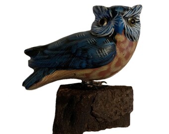 Vintage Hand Painted Ceramic Blue Owl Figure Mounted On Wood Mexican Pottery