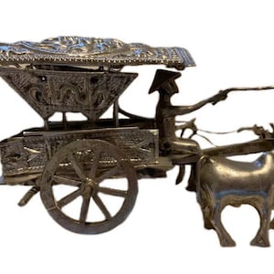 Vintage Handmade Metal Man Driving Cart With Cattle Figure South East Asia