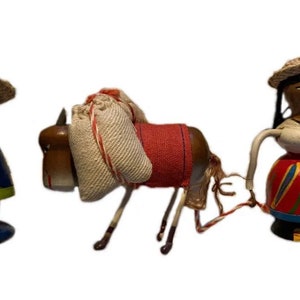 Vintage Cute Couple With Donkey Hand Painted Turned Wood Figure Set Mexico