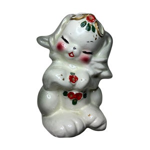 Vintage Christmas Bunny Rabbit With Flower Porcelain Figurine Mid Century Japan