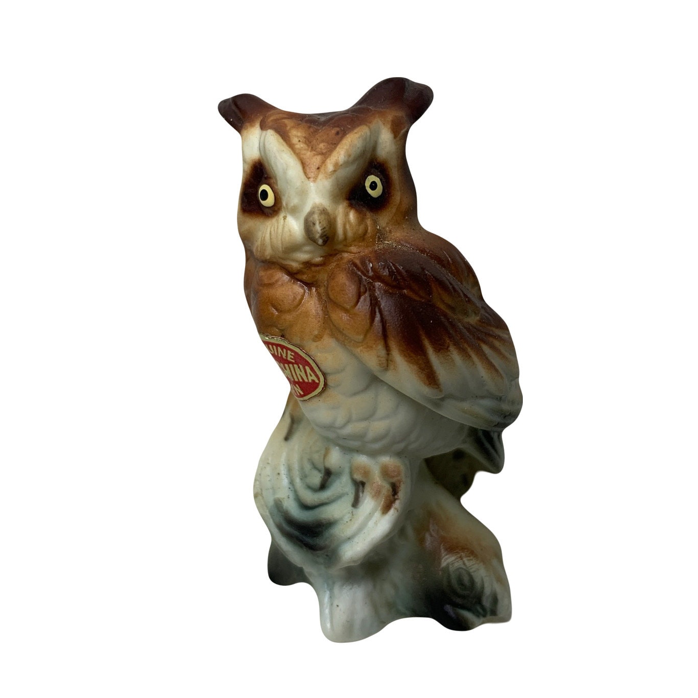 Vintage Horned Owl Perched On A Log Figurine Bone Chine Made In Japan