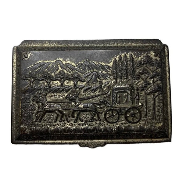 Vintage Japan Silver Metal Trinket Jewelry Box With Landscape And Carriage Motif