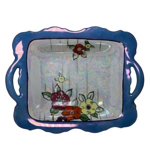Vintage Japanese Lusterware Rectangle Dish Hand Painted Flowers