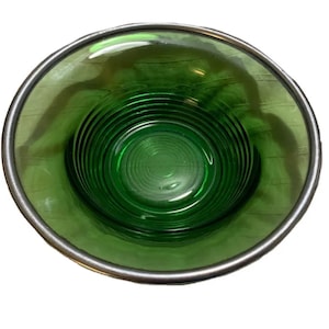 Vintage Green Glass Bowl With Silver Metal Rim Mid Century Serving
