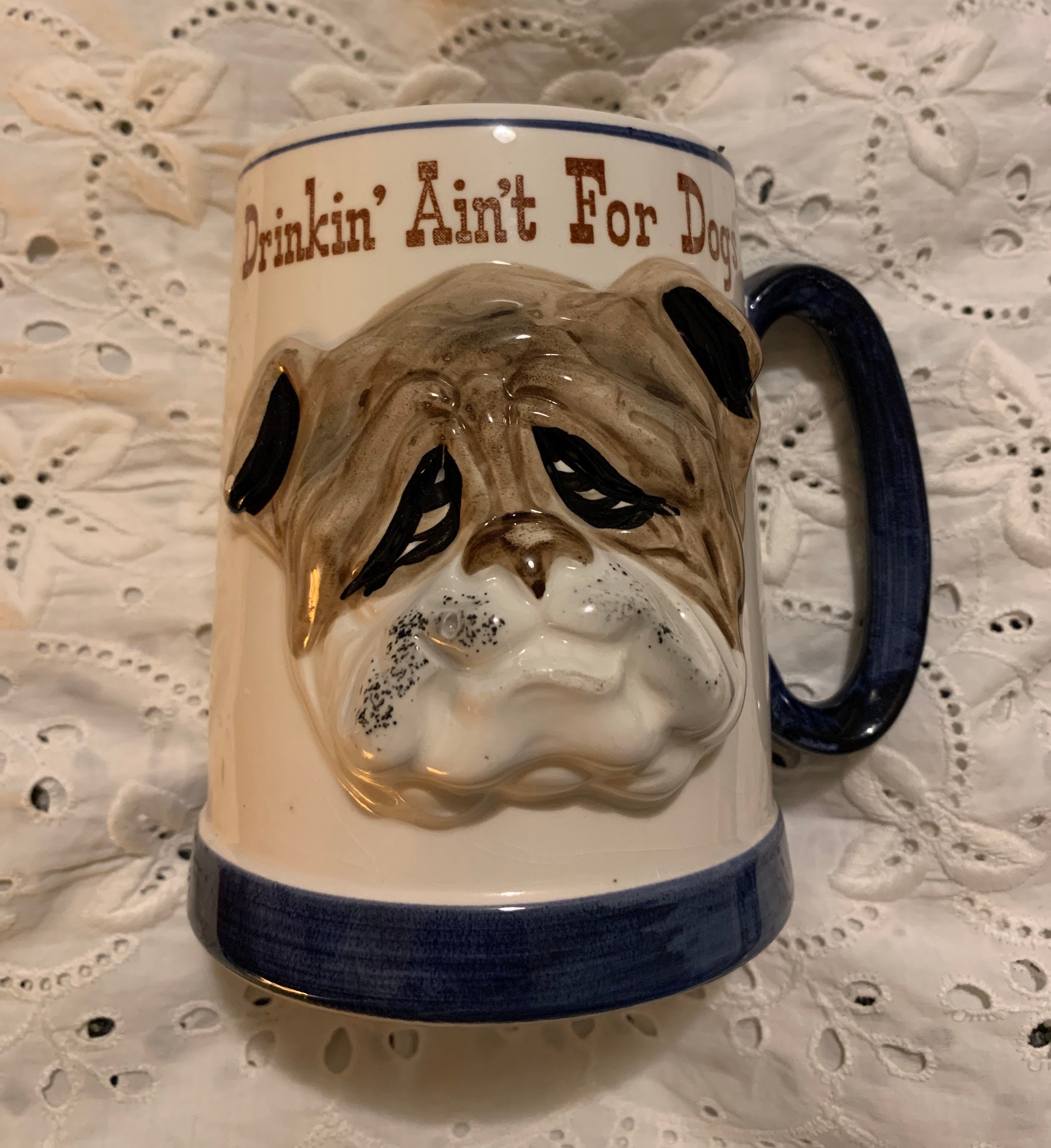 Vintage Ceramic Tankard by Enesco Declares Drinkin Ain't For Dogs Japan White & Blue with 3D Dog Whimsical Bulldog Stein or Large Mug