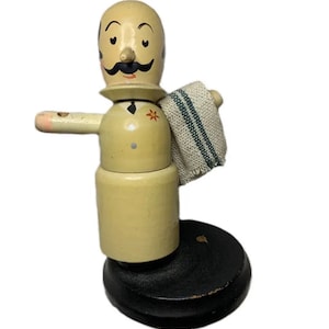 Vintage European Wooden Waiter Figurine with Cloth Towel as is