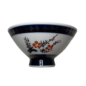 Vintage Japanese Porcelain Footed Rice Bowl With Red Blossoms And Blue And Gold