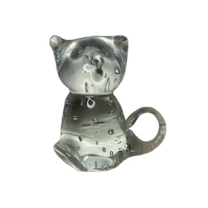Vintage Glass Sitting Cat Paperweight Figurine with Internal Bubbles