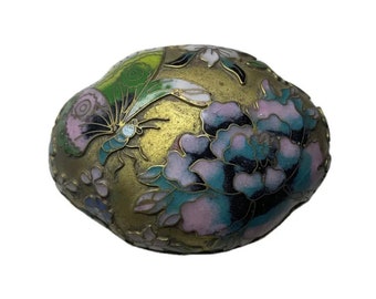 Vintage Beautiful CLOISONNÉ Enamel Box With Butterfly And Flowers Gold Gilded