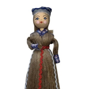 Vintage Russian Corn Husk Folk Doll with Embroidery from Belarus Woman With Hat