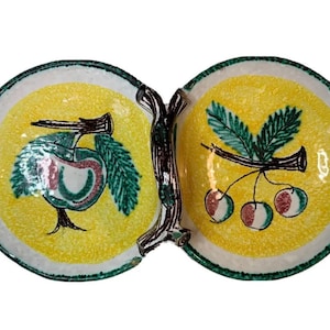 Vintage Italian Majolica Pottery Split Double Bowl Serving Dish Fruit and Branch