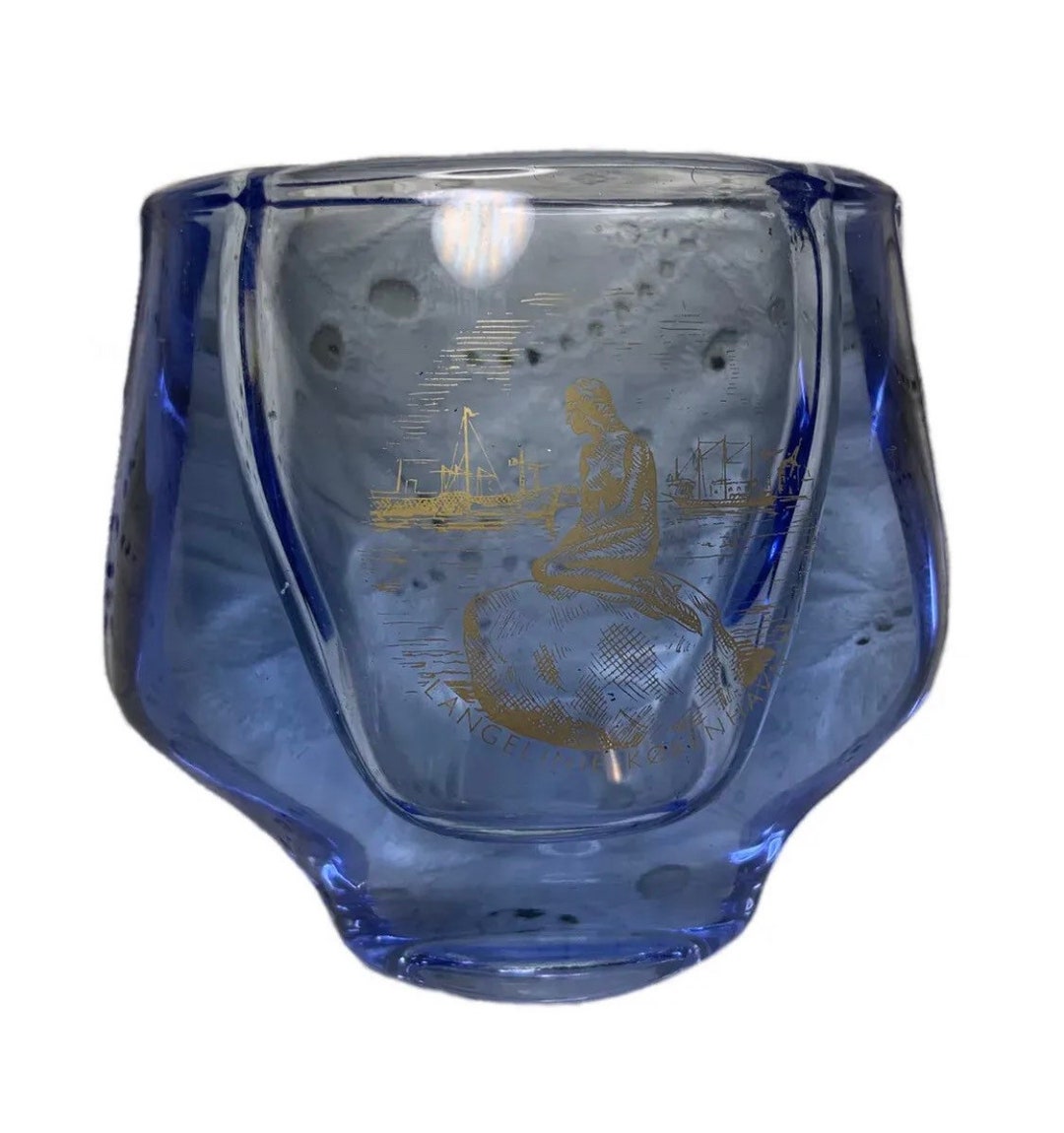 Vintage Langelinie Kobenhavn Mermaid Blue Glass Vase Copenhagan Denmark