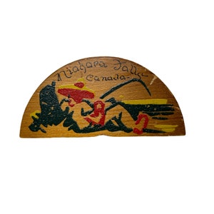 Porta-cartões de visita de madeira vintage souvenir Niagara Falls Canadá homem pescando