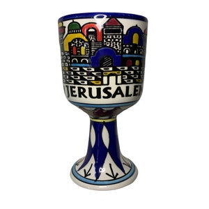 Vintage Hand Painted Ceramic Goblet Jerusalem Souvenir Holy Land City Scene