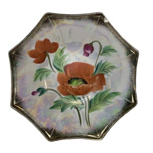 Vintage Japanese Luster Octagon Porcelain Poppy Floral Bowl AS IS