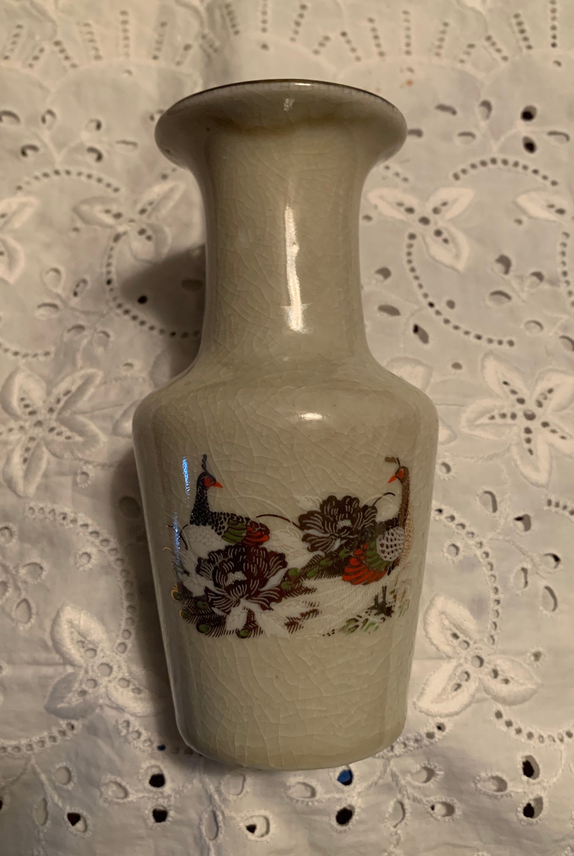 Japanese Vase Floral Hand Painted Mid Century Gold Bright Crackle Glaze  9.75 Inch 