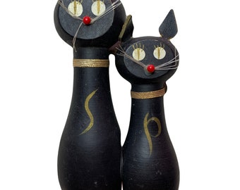 Vintage schattige Enesco zwarte kat magnetische zoutpeperstrooiers hout en leer