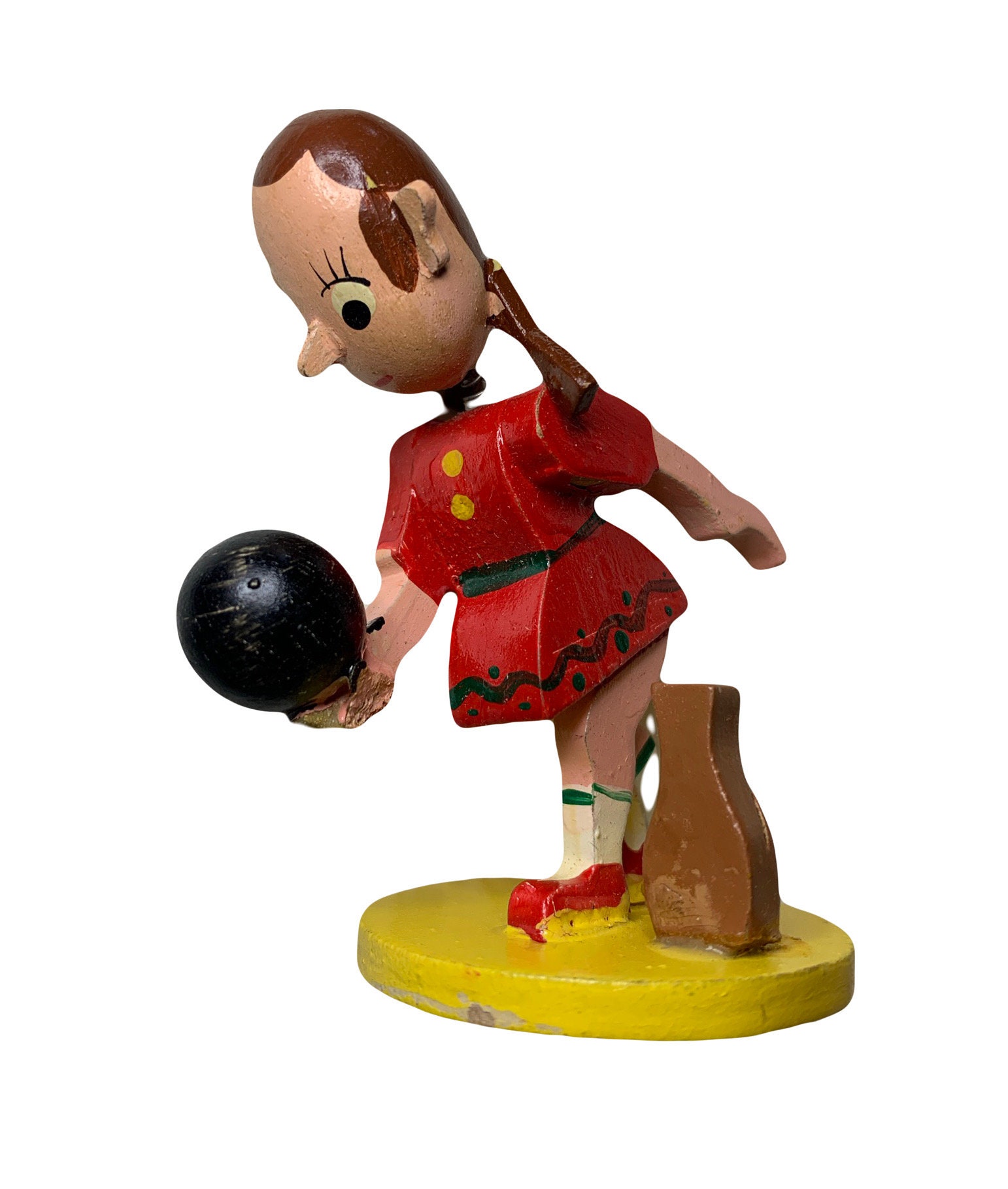 Vintage Hand Carved Wooden Bobble Head Figure Japan Girl Bowling With Pin