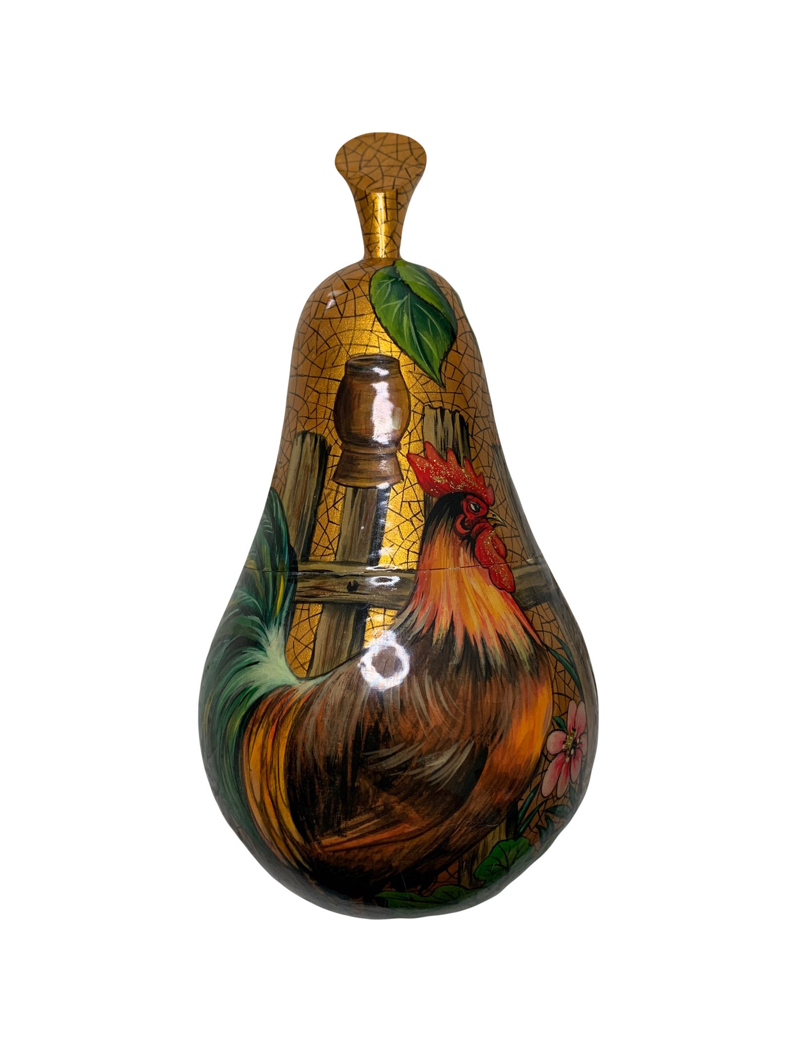 Pretty Large Pear Shaped Box With Gold Rooster And Flowers Signed T. Wawkoba