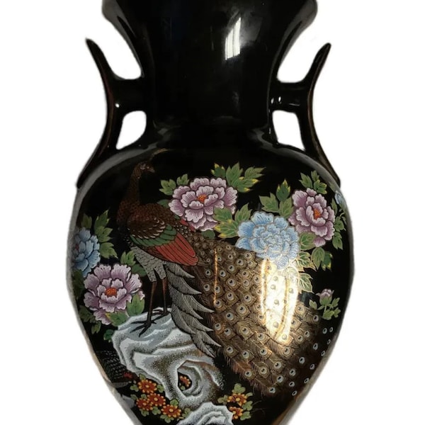 Vintage Large Japanese Urn Vase Peacock Flowers Japan Signed Gold Embellishment