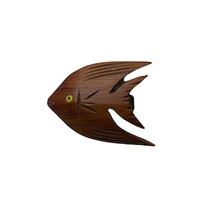 Vintage Wood Carved Tropical Fish Brooch Pin Mid Century