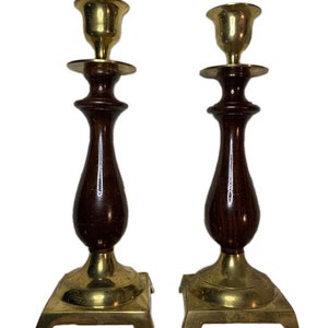 Vintage Wood And Brass Candlestick Holders Pair With Square Base Mid Century