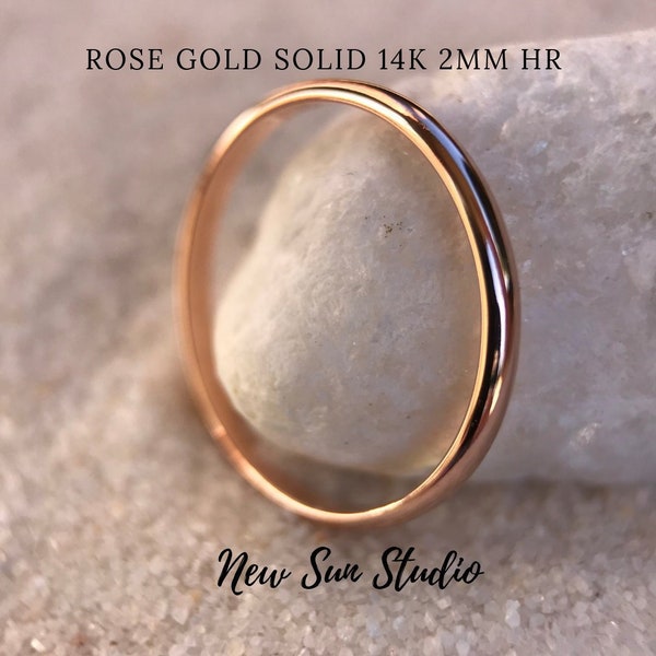 Rose Gold 2mm Half-Round Wedding Band SOLID 14k Simple Plain Elegant Dainty Thin Spacer Minimalist Slim Stacking Mothers Day Gift for Her
