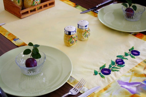Modern Embroidery Yellow Table Runner Crossstitch Decor Plums Etsy