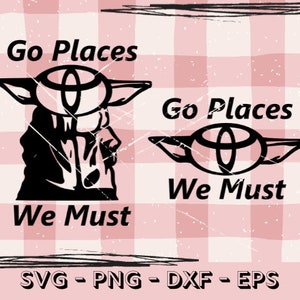 Op de afbeelding: Zwart-witte digitale illustratie van een cartoonfiguur met grote oren en een Toyota-logo op zijn voorhoofd. De tekst "Go Places We Must" staat onder het figuur.