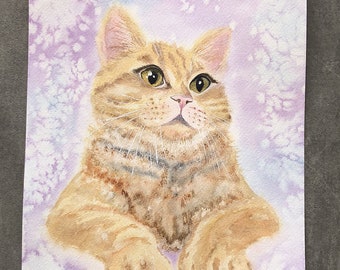 Ginger cat painting Original watercolor on paper sitting orange cat portrait artwork signed
