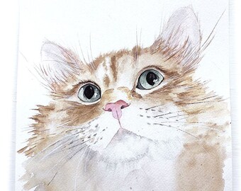 Cat portrait painting Original watercolor on paper ginger cat painting artwork signed