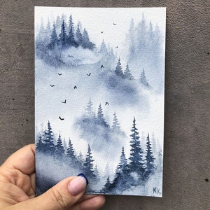 Foresta di indaco, piccolo dipinto originale acquerello paesaggio pini