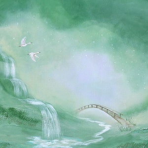 Calming green Original  painting on canvas delicate artwork with flying swans