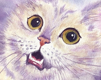 White cat painting Original watercolor on paper cat portrait artwork hand painted
