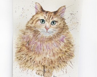 Ginger cat painting Original watercolor on paper sitting fluffy cat portrait artwork signed