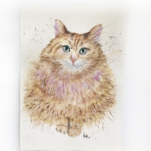 Ingwer Katze Malerei Original Aquarell auf Papier sitzt flauschige Katze Porträt Kunstwerk signiert